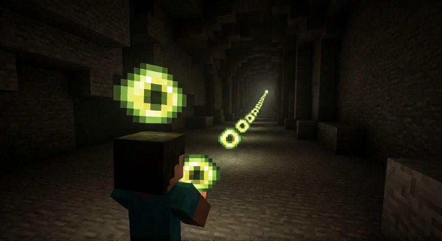 como encontrar el portal al end, Jugador siguiendo la trayectoria de un Eye of Ender flotante hacia el stronghold en Minecraft