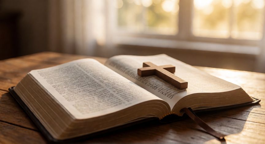 como encontrar el salmo 23 en la biblia, Biblia abierta sobre una mesa de madera con luz cálida de atardecer
