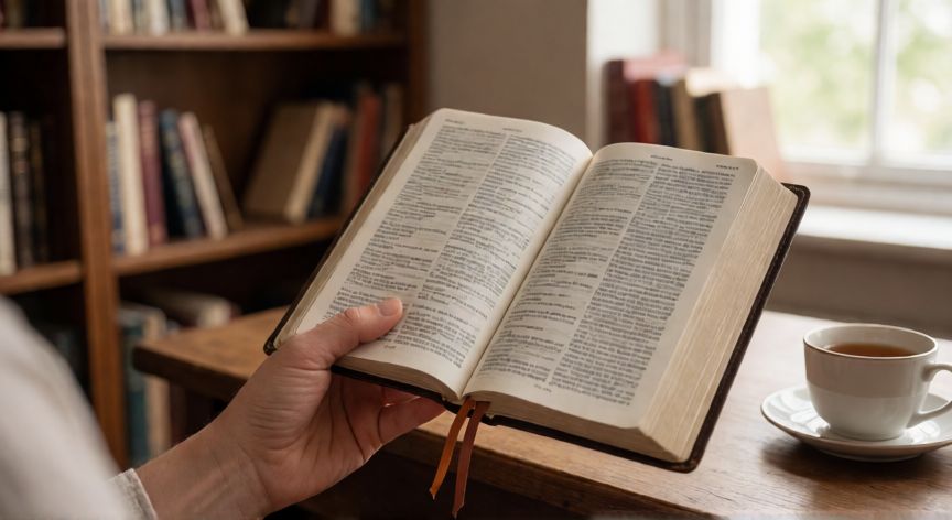 como encontrar el salmo 23 en la biblia, Manos sosteniendo una Biblia abierta con separador en una biblioteca tranquila