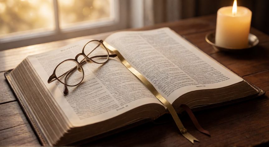 como encontrar el salmo 85 10 en la biblia, Biblia abierta en el Libro de los Salmos sobre un escritorio de madera con luz cálida