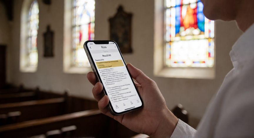 como encontrar el salmo 85 10 en la biblia, Persona consultando el Salmo 85:10 en una aplicación bíblica con luz de vitrales al fondo