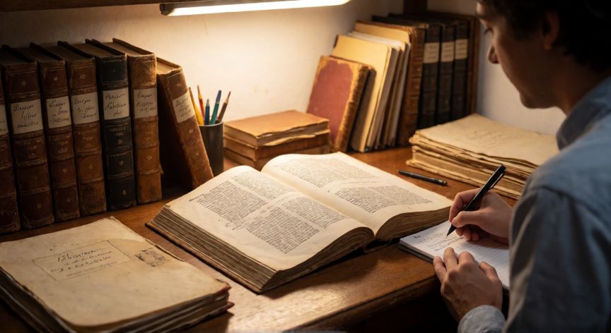 como encontrar familiares en españa, Persona investigando en un archivo municipal español con registros parroquiales antiguos