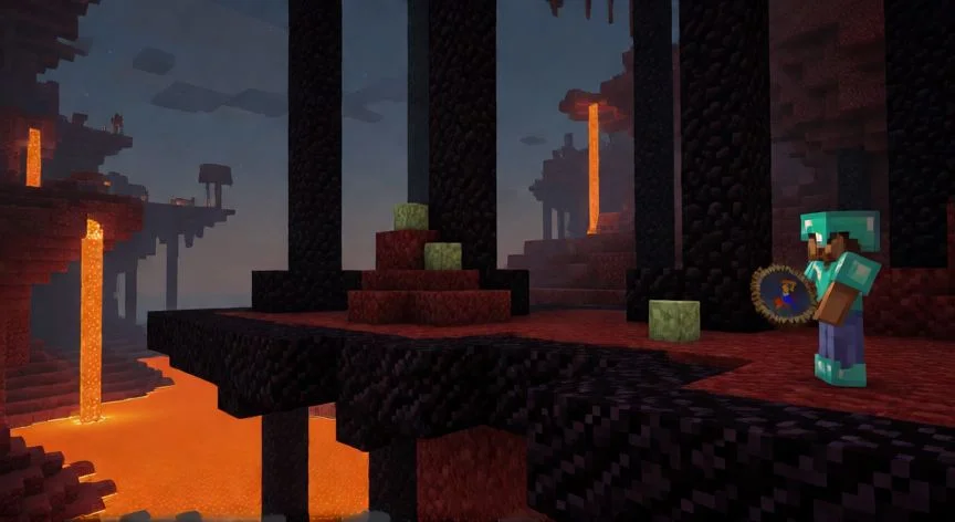 Jugador con brújula explorando una fortaleza del Nether en Minecraft