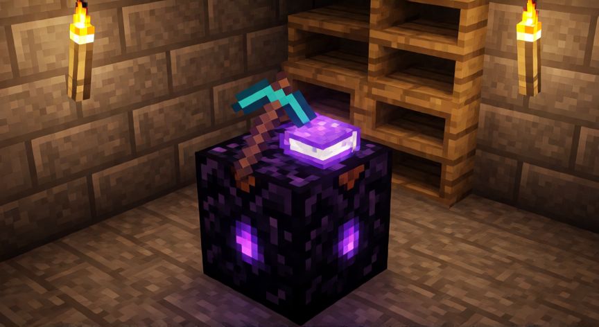 como encontrar fortuna 3 en minecraft, Tabla de encantamiento de Minecraft con un pico de diamante y un libro encantado brillando en morado