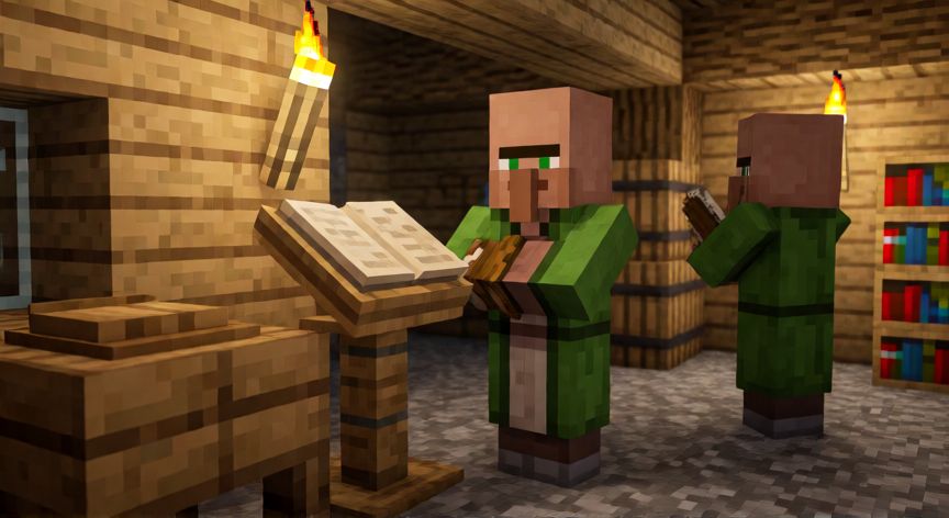 como encontrar fortuna 3 en minecraft, Bibliotecario de aldea en Minecraft junto a su mesa de trabajo ofreciendo libros encantados