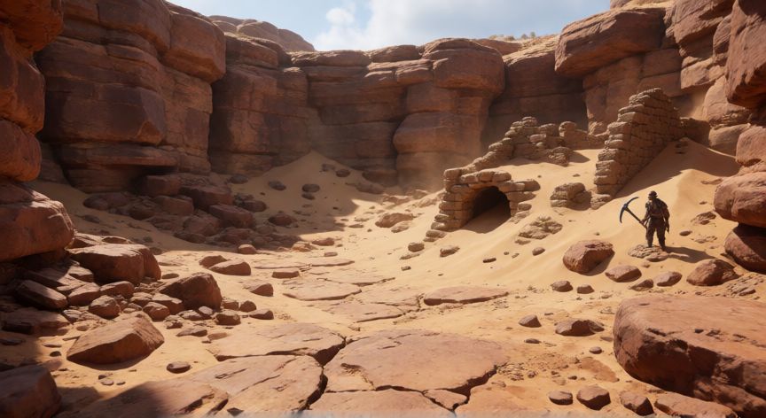 como encontrar fosiles en cobblemon, Paisaje desértico con ruinas antiguas y rocas donde pueden encontrarse fósiles