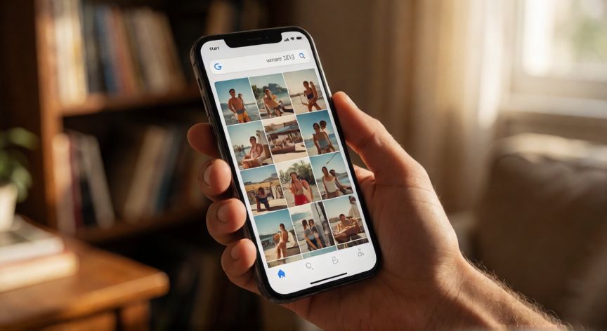 como encontrar fotos antiguas en google fotos, Persona buscando fotos de verano 2015 en la aplicación Google Fotos desde un móvil