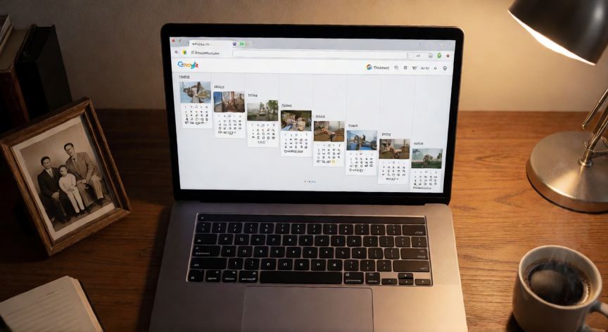 como encontrar fotos antiguas en google fotos, Vista de la línea temporal de Google Fotos en un portátil mostrando años anteriores junto a una foto enmarcada