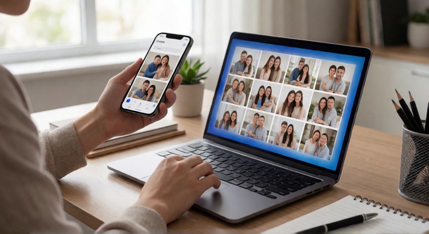 como encontrar fotos en la nube, Persona buscando fotos en la nube desde un portátil y un móvil