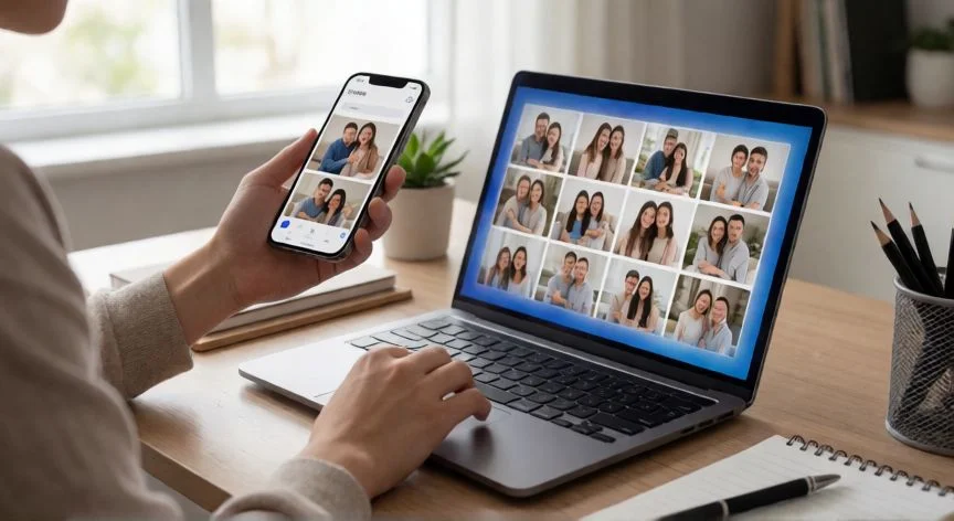 Persona buscando fotos en la nube desde un portátil y un móvil