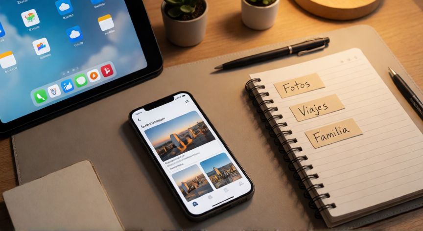 como encontrar fotos en la nube, Mesa organizada con móvil, tablet y apuntes para ordenar fotos en la nube