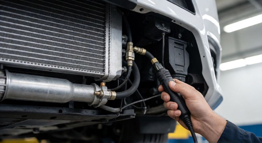 como encontrar fuga aire acondicionado coche, Técnico detectando una fuga de aire acondicionado en el coche con un sniffer electrónico.