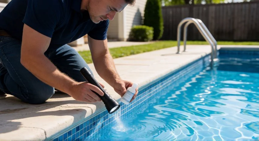Técnico revisando juntas y azulejos de una piscina con linterna y colorante para localizar una fuga.