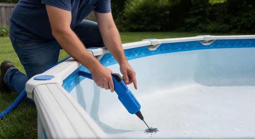 como encontrar fuga en piscina desmontable, Persona aplicando probador azul en el liner de una piscina desmontable vacía para localizar la fuga