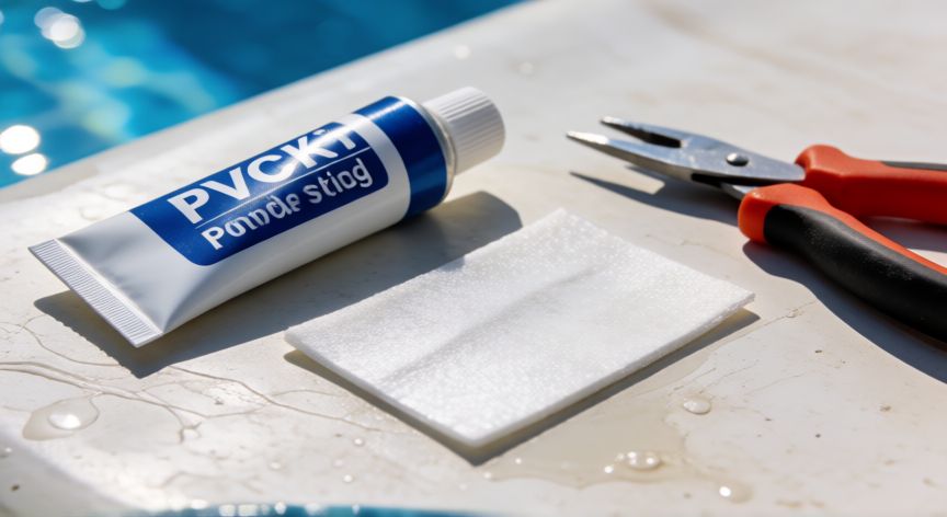 como encontrar fuga en piscina desmontable, Kit de reparación con parche y pegamento para reparar una fuga en piscina desmontable de PVC