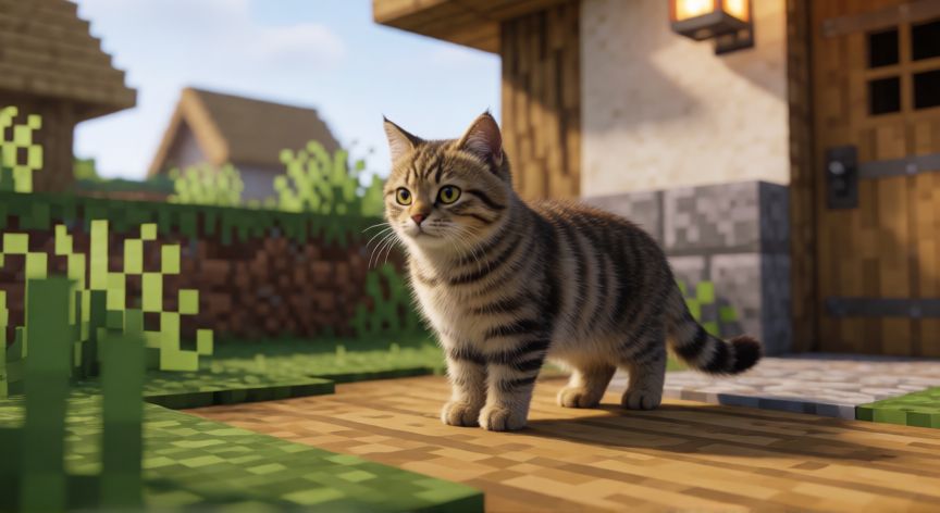 como encontrar gatos en minecraft, Gato de Minecraft cerca de una casa en una aldea