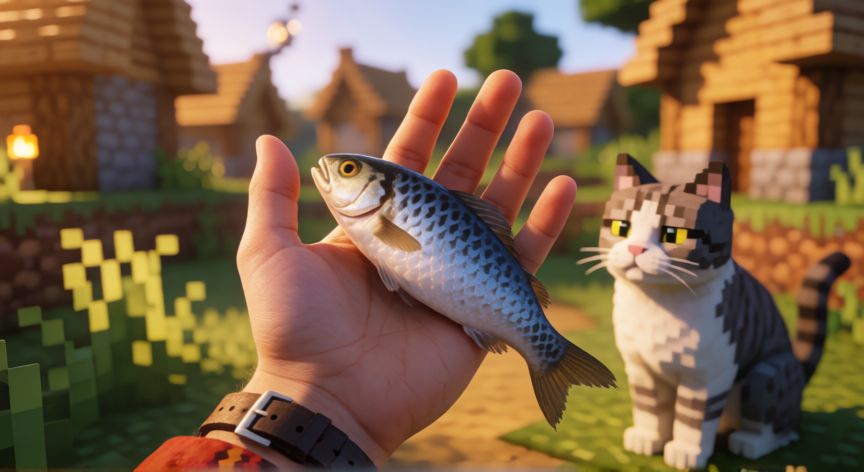como encontrar gatos en minecraft, Jugador ofreciendo pescado crudo a un gato en Minecraft