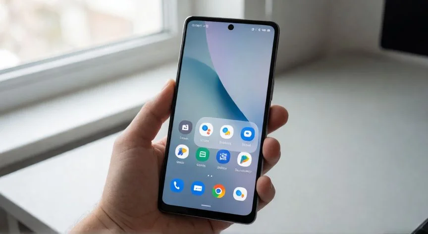 Teléfono móvil mostrando el cajón de aplicaciones para buscar Gemini