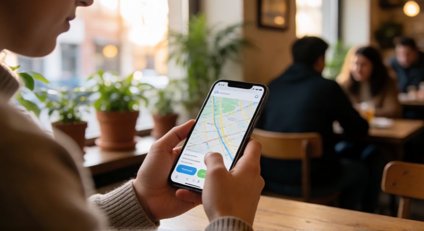 como encontrar gente cerca en instagram, Persona usando el mapa de Instagram en su teléfono mientras está en una cafetería