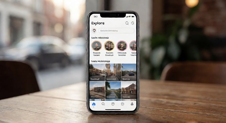 como encontrar gente cerca en instagram, Teléfono con la página de explorar de Instagram mostrando lugares y hashtags locales