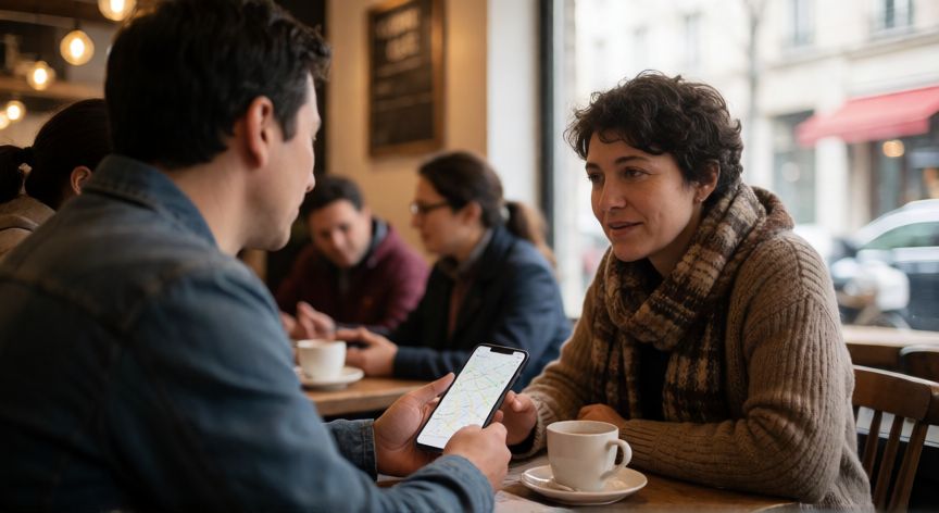 como encontrar gente cerca en telegram, Dos personas encontrándose cerca gracias a una ubicación compartida en Telegram