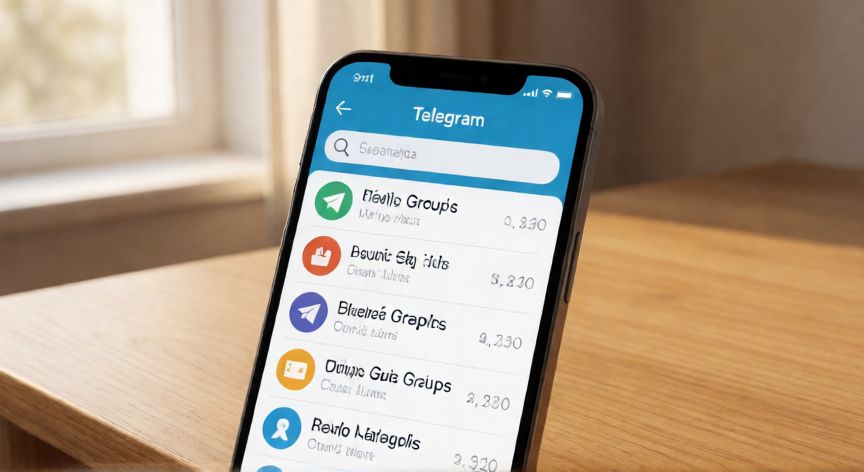 como encontrar grupos en telegram, Teléfono mostrando la barra de búsqueda de Telegram con resultados de grupos públicos