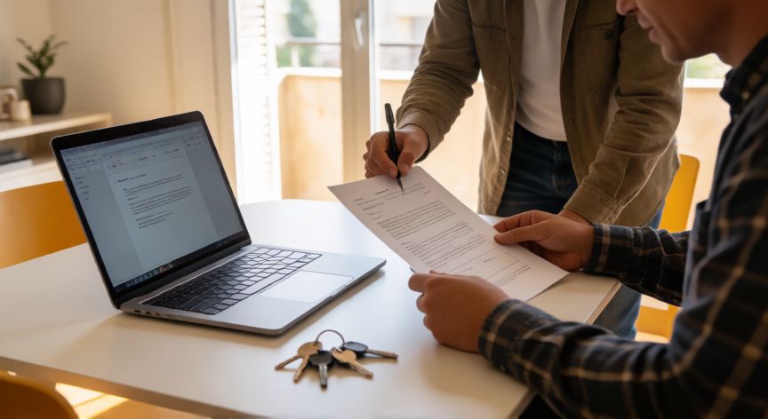 como encontrar habitacion en barcelona, Persona revisando el contrato de alquiler de una habitación en Barcelona durante una visita