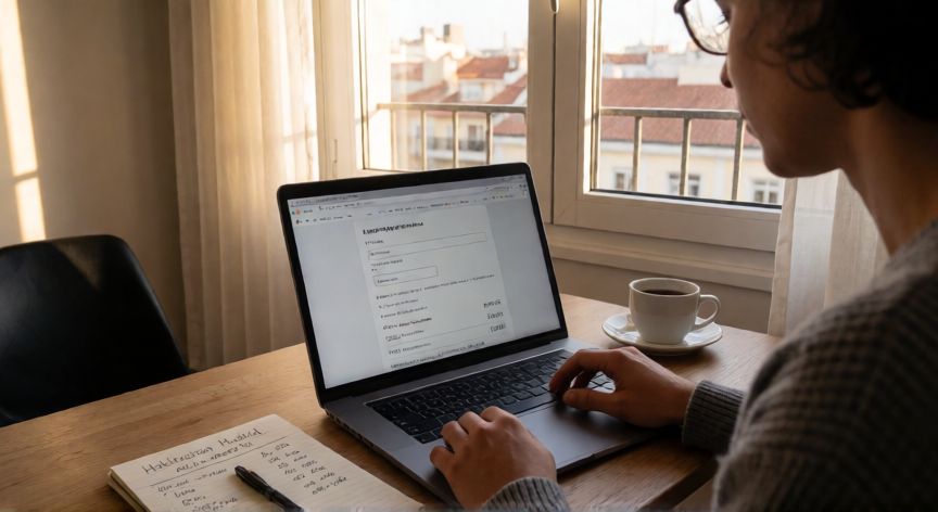 como encontrar habitacion en madrid, Persona buscando habitación en Madrid desde una laptop con vista a la ciudad