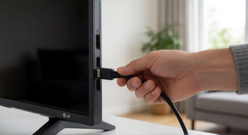 como encontrar hdmi en tv lg, Persona conectando un cable HDMI en el puerto lateral de una TV LG