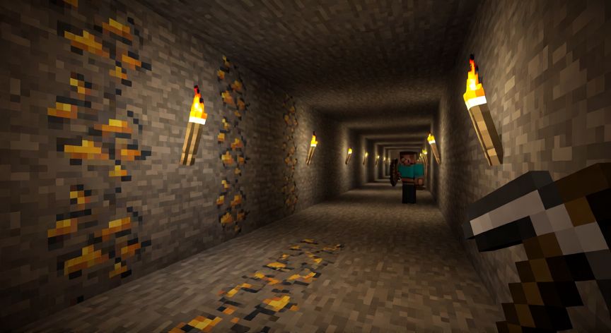 como encontrar hierro en minecraft, Jugador minando un túnel en Minecraft buscando vetas de hierro