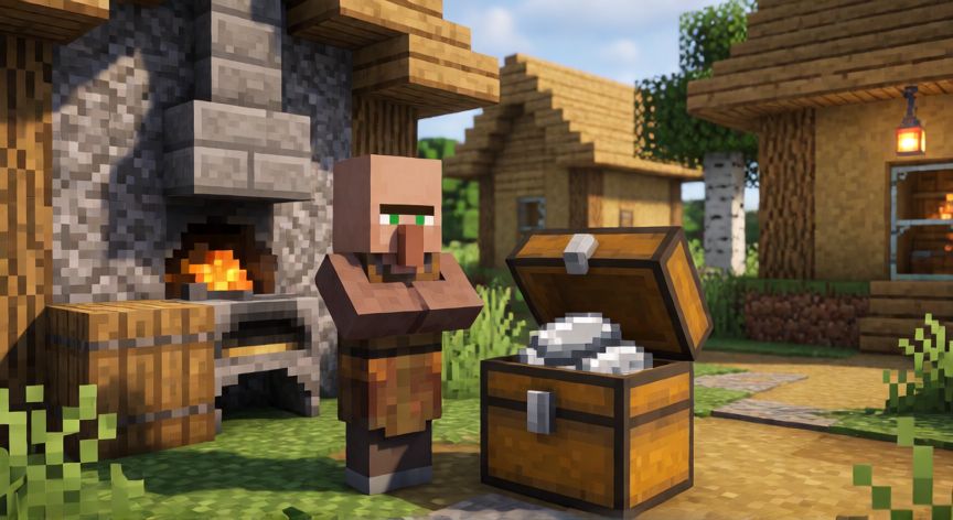 como encontrar hierro en minecraft, Aldeano herrero en una aldea de Minecraft con un cofre de hierro