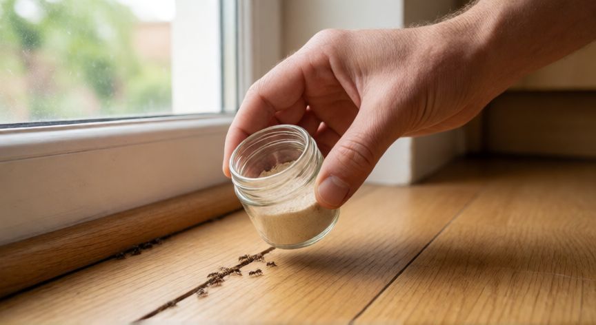 como encontrar hormiguero en casa, Colocando cebo natural en la grieta de entrada del hormiguero en la base de una pared de cocina