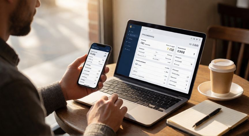 como encontrar hoteles baratos, Persona comparando precios de hoteles en laptop y móvil en una cafetería