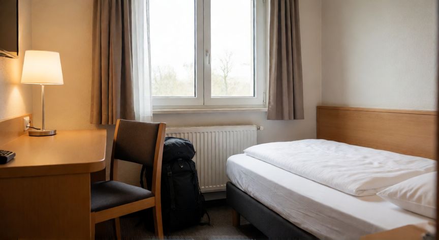 como encontrar hoteles baratos, Habitación de hotel económica, ordenada y luminosa, con cama limpia y escritorio sencillo