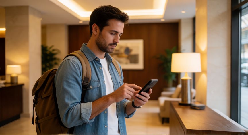 como encontrar hoteles baratos de ultima hora, Persona buscando hoteles baratos de última hora en su móvil