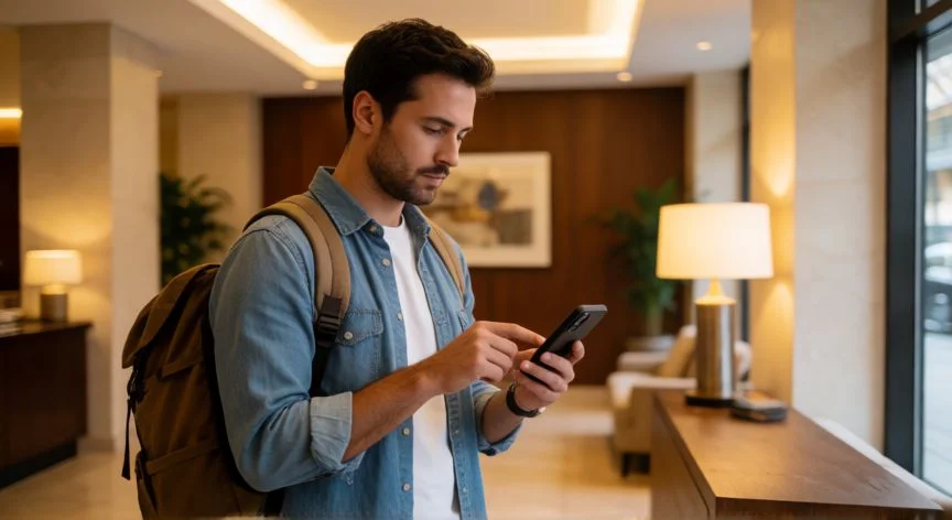 Persona buscando hoteles baratos de última hora en su móvil