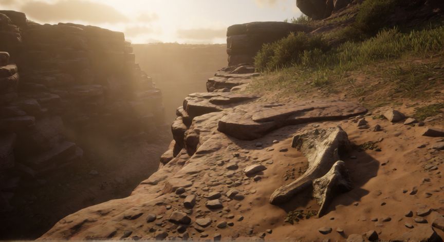 como encontrar huesos de dinosaurios red dead redemption 2, Hueso de dinosaurio parcialmente enterrado en una cañada rocosa de Red Dead Redemption 2