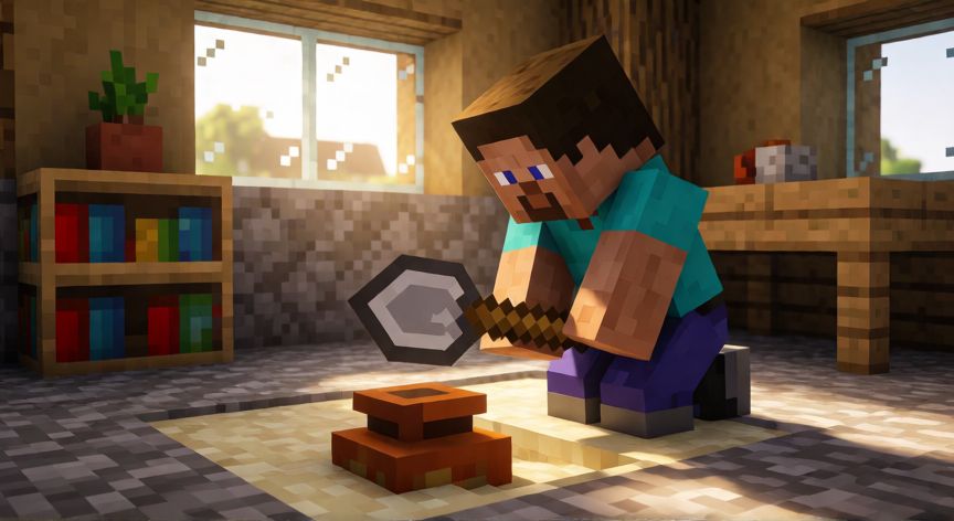 como encontrar huevo de sniffer minecraft, Jugador excavando una maceta enterrada en una casa de aldea de Minecraft