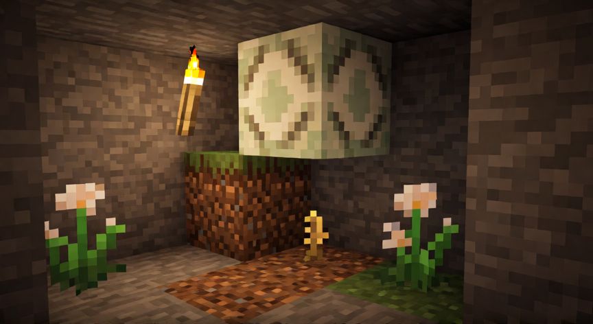 como encontrar huevo de sniffer minecraft, Semilla antigua plantada en tierra formando un huevo de Sniffer en Minecraft