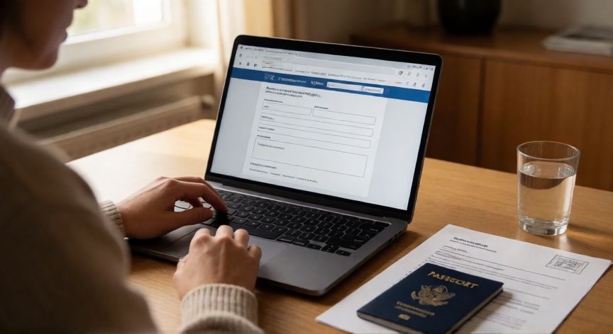 como encontrar i 94, Persona consultando su formulario I-94 en la web oficial del CBP desde casa