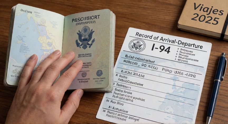 como encontrar i 94, Pasaporte abierto junto al comprobante impreso del I-94 sobre una mesa de madera