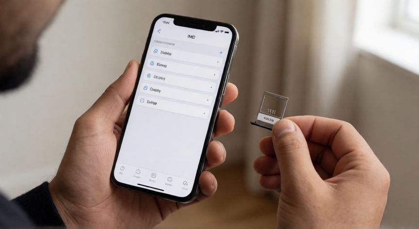 como encontrar imei, Persona mostrando el IMEI en la bandeja de la SIM de un teléfono