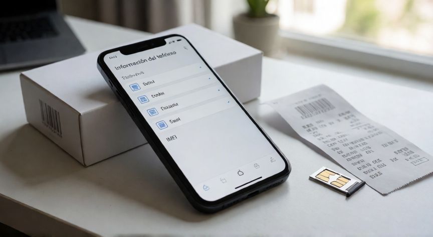 como encontrar imei, Teléfono sobre un escritorio con caja, factura y bandeja de SIM mostrando el IMEI