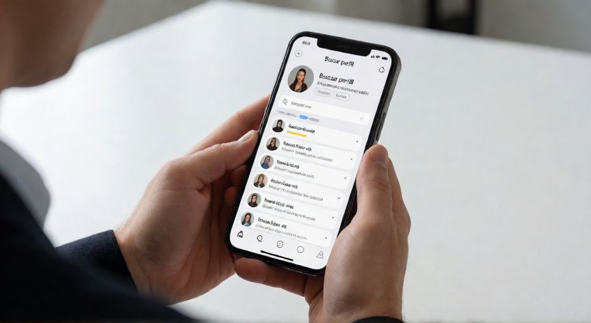 como encontrar instagram por numero de telefono, Persona usando el teléfono para buscar un perfil de redes sociales de forma segura