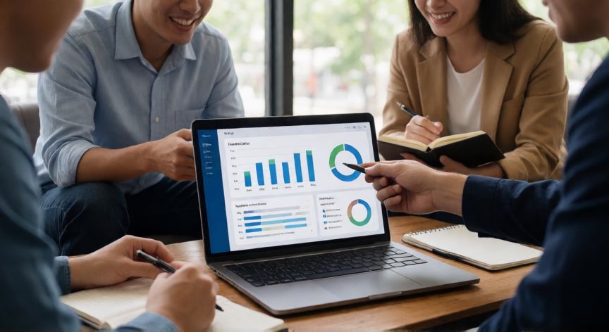 como encontrar inversores para mi proyecto, Equipo de startup revisando una presentación para buscar inversores