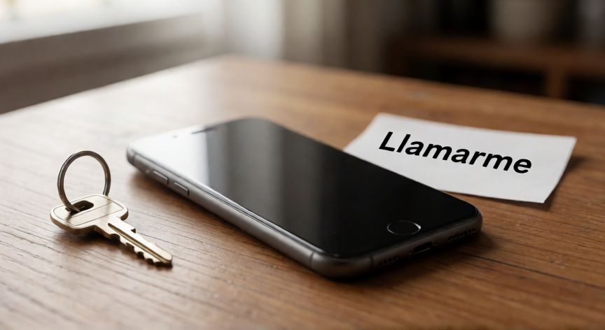 como encontrar iphone apagado, iPhone perdido sobre una mesa con una nota para contactar al dueño