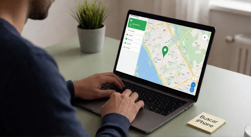 como encontrar iphone perdido apagado, Persona usando una laptop para buscar un iPhone perdido en la app Buscar