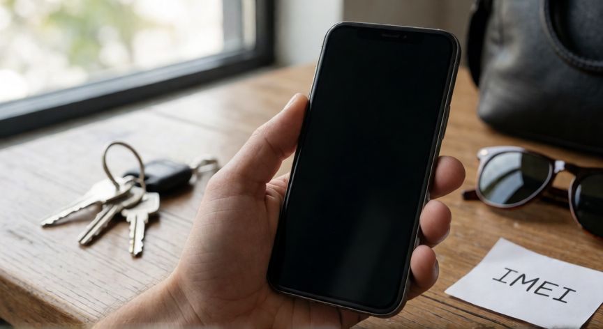 como encontrar iphone perdido apagado, iPhone apagado sobre una mesa junto a llaves y una nota con el IMEI