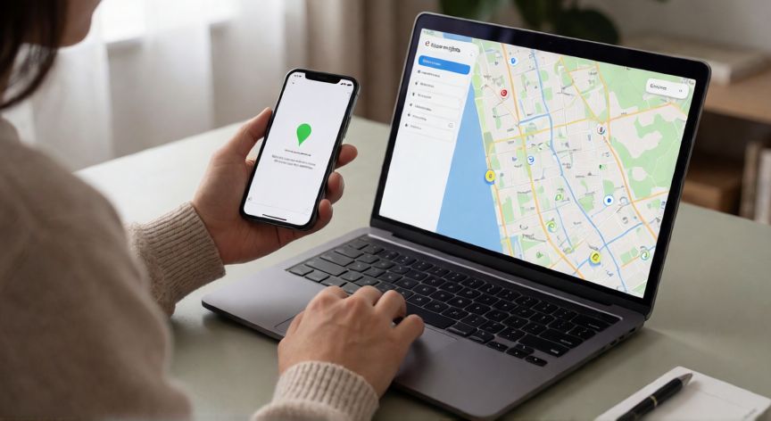 como encontrar iphone robado, Persona usando un portátil para localizar un iPhone robado en un mapa
