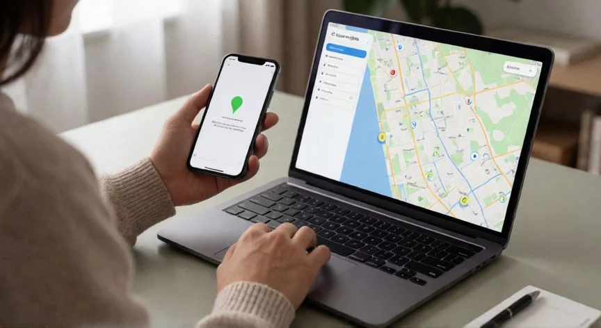 Persona usando un portátil para localizar un iPhone robado en un mapa